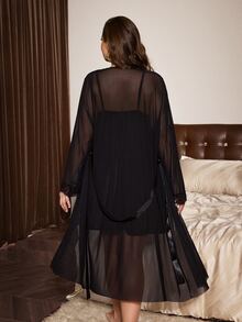 Slumberist Plus Size Lace Trim Spliced Milk Silk Nightgown + Mesh Robe Set - Black - View 2