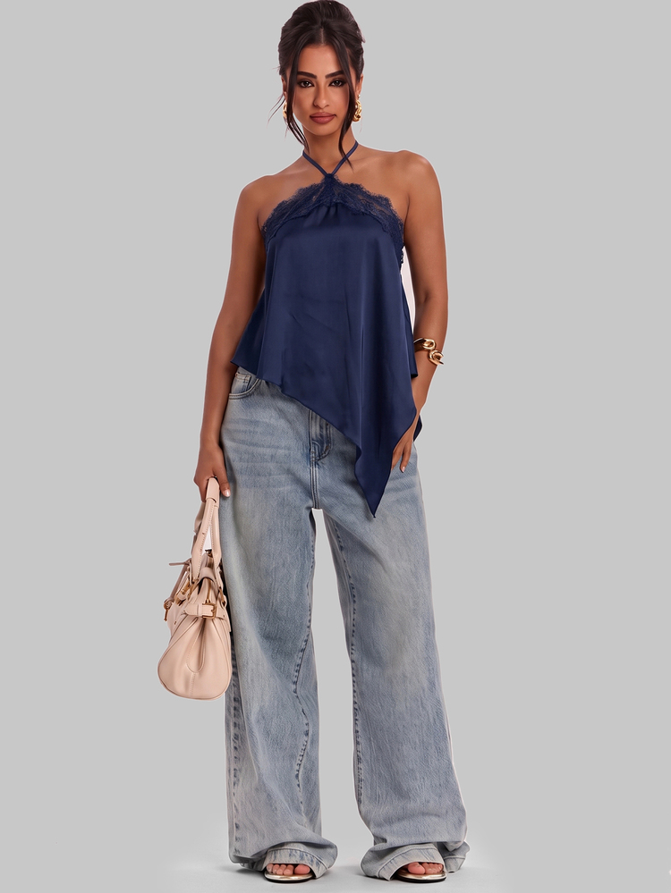 SHEIN BAE Spring/Summer Women's Casual Vacation Halter Neck Lace Patchwork Backless Asymmetrical Hem Brown Solid Color Satin Tank Top, Suitable For - Navy Blue - View 4