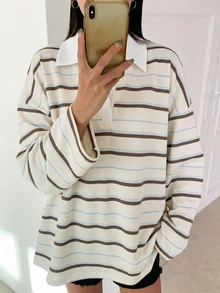 DAZY 女款條紋休閒日常長袖T恤 - 藍色 - 查看 4