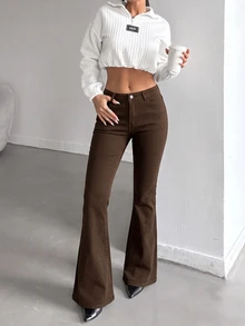 SHEIN Tall 女款純色高腰時尚修身喇叭牛仔褲 - 棕色 - 查看 5