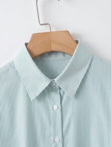 SHEIN CURVE+ 大尺碼女款休閒條紋襯衫，長袖刺繡鈕扣開襟上衣，戶外穿搭上衣 - 薄荷綠 - 查看 4