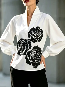 SHEIN Premium Black & White Abstract Rose Pattern V-Neck Long Sleeve Blouse For Women, Raglan Sleeves, Lantern Cuffs, Loose Fit, Casual, Elegant, Commuter, Versatile, Unique, Slimming - White - View 5