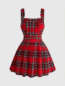 ROMWE Grunge Punk Plus Size Plaid Button Pleated Dress - Red - View 1