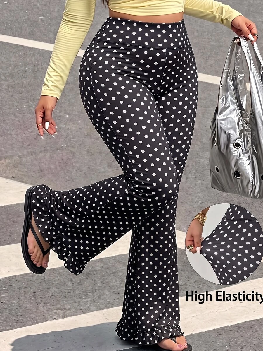 Muchica Plus Size Women's Polka Dot Pattern Fashion Slim Fit Flare Pants - Black - View 1