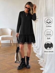 EMERY ROSE Women's Solid Color Round Neck Long Sleeve Contrast Lace Ruffle Hem Casual Short Dress - Black - View 6