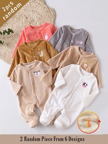 2件組秋冬保暖內裡單面絨毛新生兒連身衣，精緻可愛獅子與乳牛刺繡，柔軟舒適寬鬆長袖連腳連身衣，2件套居家穿著，冬季款 - 彩色 - 查看 9