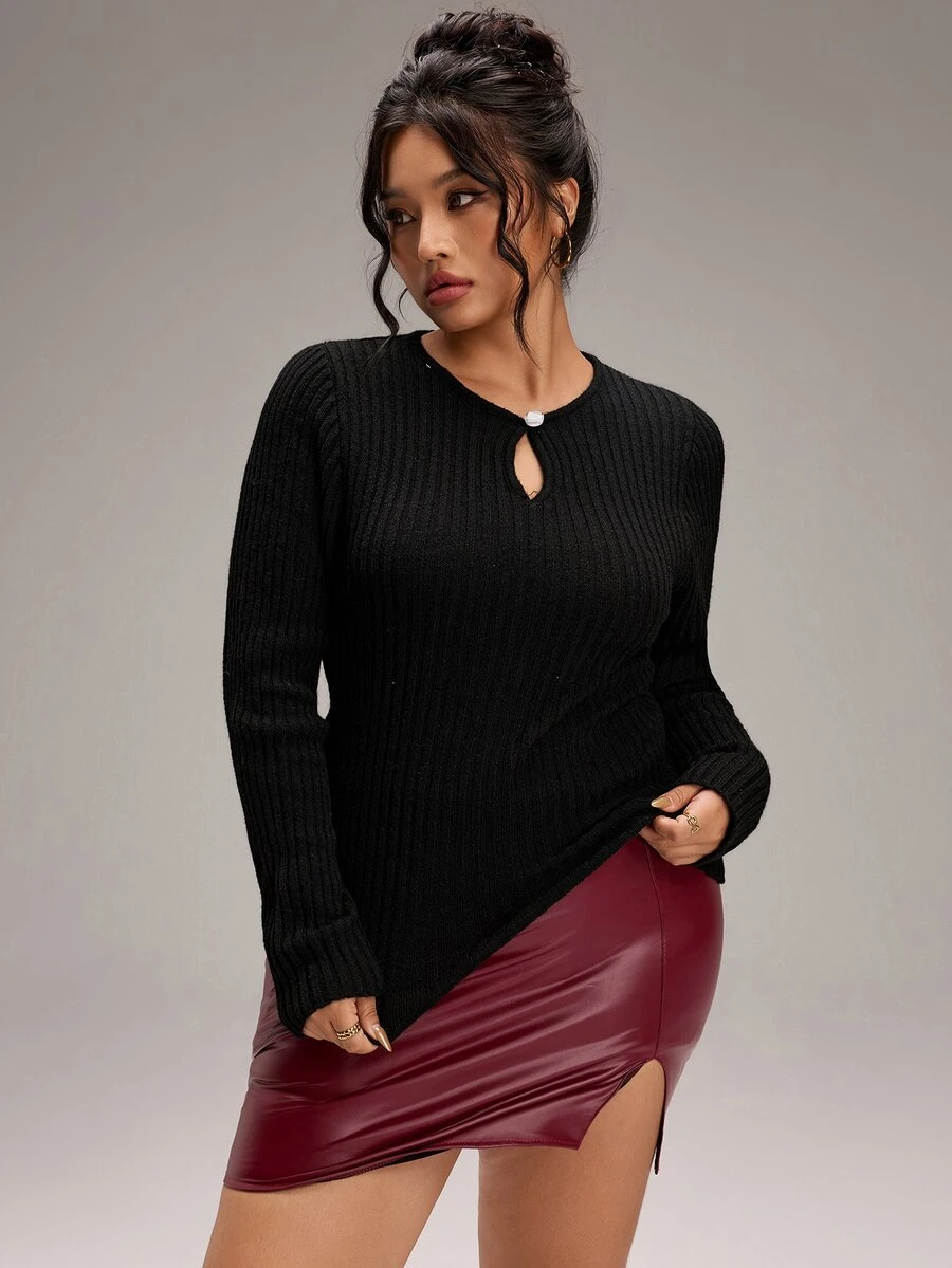 SHEIN BASICS Plus Size Solid Color Ribbed Knit Long Sleeve Crew Neck Sweater - Black - View 1