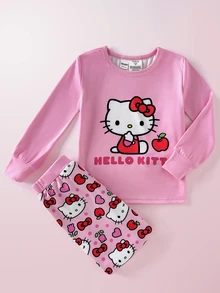 HELLO KITTY AND FRIENDS | SHEIN Set Piyama Rumahan Kasual Sehari-hari untuk Anak Perempuan, Atasan Lengan Panjang dan Celana Motif Kartun - Berwarna merah muda - View 7