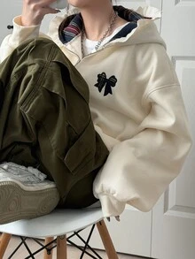 FRIFUL Women's Bow Embroidery Zipper Hooded Regular Jacket Suitable For Daily Wear School Everyday Cream White Autumn Casual Preppy - Apricot - View 1