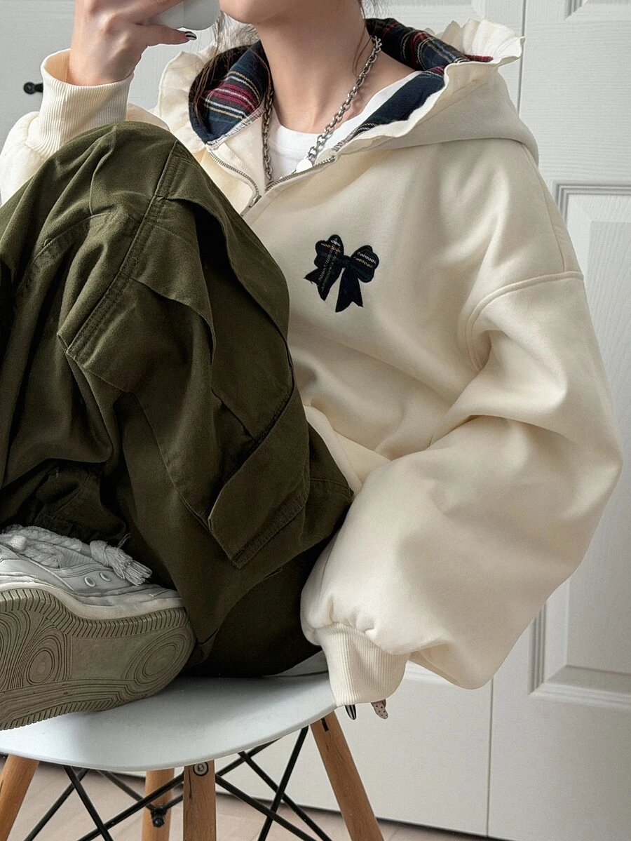 FRIFUL Women's Bow Embroidery Zipper Hooded Regular Jacket Suitable For Daily Wear School Everyday Cream White Autumn Casual Preppy - Apricot - View 1