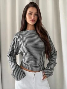 Aloruh 女款秋冬休閒寬鬆上身緊身下身條紋T恤 - 淺灰色 - 查看 1