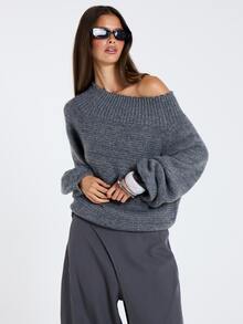 MUSERA Grey Knitted Oversized Off Shoulder Jumper Sweater Fall Winter Women Outfit Casual - Dark Grey - View 2