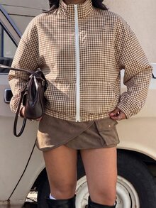 Muchica 格紋休閒女款大尺碼前拉鍊夾克 - 杏色 - 查看 4