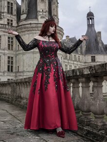 Whyspr Plus Size Sexy Hot Girl Off-Shoulder Lace Flare Dress - Burgundy - View 7