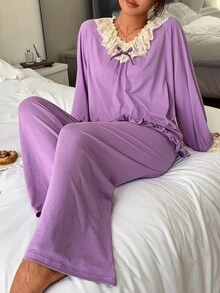 DAZY Women's Contrast Lace Ruffle Long Sleeve Top And Long Pants Pajama Set - Purple - View 8