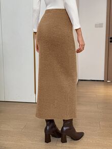 Easowa 秋冬毛絨羅紋卡其色優雅長裙女款 - 黃色 - 查看 4