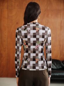 Anewsta White And Black Floral Print Vintage Plaid Slim Fit Long Sleeve Women's T-Shirt Brunch Fall Elegant - Brown - View 7