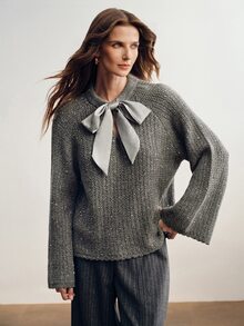 Briarwyn Women's Solid Color Knot Neck Design Long Sleeve Fashion Sweater - Grey - View 5