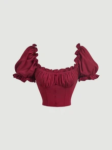 SHEIN MOD Women's Solid Color Pleated Casual Versatile Daily Travel T-Shirt - Burgundy - View 1