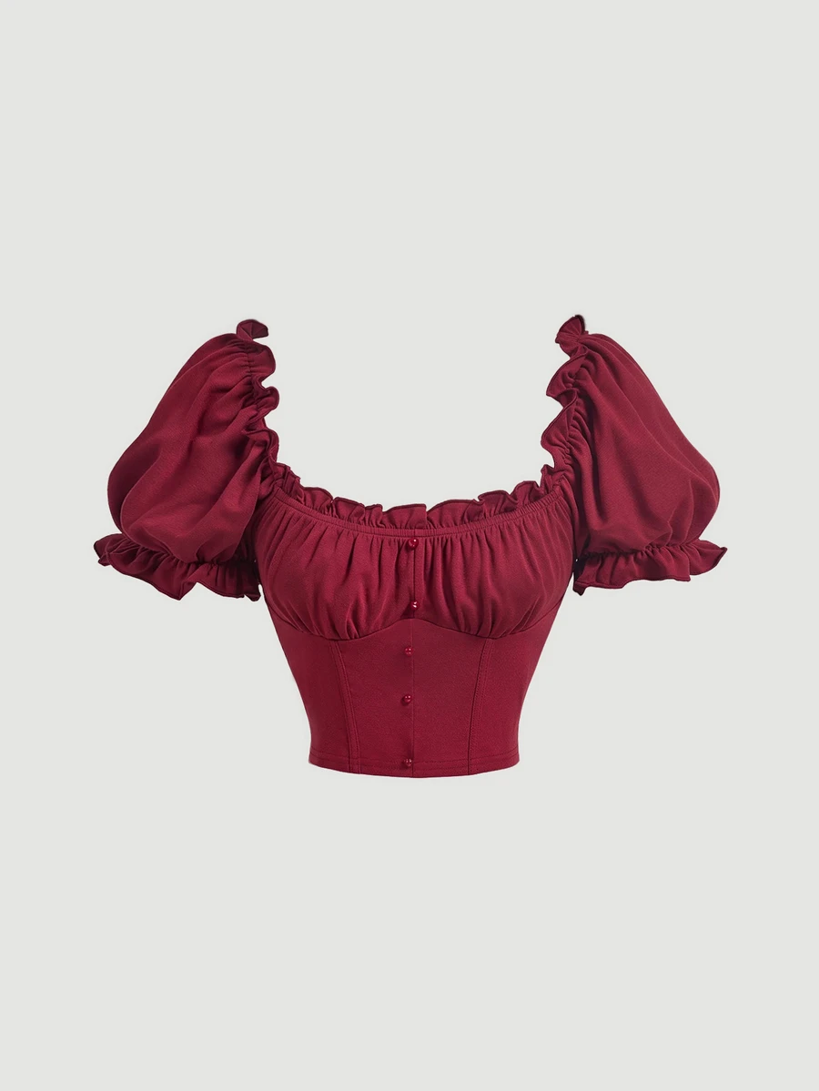 SHEIN MOD Women's Solid Color Pleated Casual Versatile Daily Travel T-Shirt - Burgundy - View 1