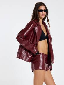 MUSERA Red PU Oversized Zip Up Detail Jacket Fall Winter Women Outfit Casual - Burgundy - View 6