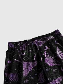 ROMWE Goth 暗黑哥德龐克蝴蝶蛾太陽月亮星星印花大尺碼女款長褲 - 黑色 - 查看 4
