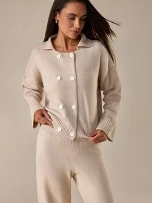 SHEIN طقم نسائي قطعتين بياقة بولو وأزرار أمامية وأكمام طويلة - كريم - مشاهدة 3