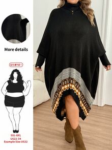 SHEIN CURVE+ فستان كنزة بياقة عالية من الجاكار بألوان متباينة مقاس كبير - متعدد الألوان - مشاهدة 1