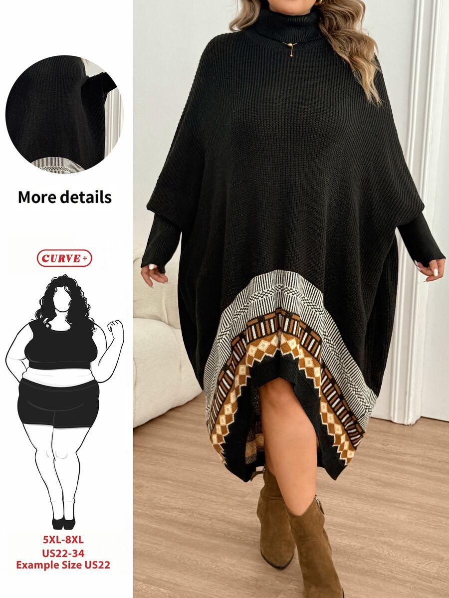 SHEIN CURVE+ فستان كنزة بياقة عالية من الجاكار بألوان متباينة مقاس كبير - متعدد الألوان - مشاهدة 1