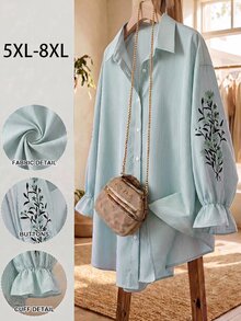SHEIN CURVE+ 大尺碼女款休閒條紋襯衫，長袖刺繡鈕扣開襟上衣，戶外穿搭上衣 - 薄荷綠 - 查看 1