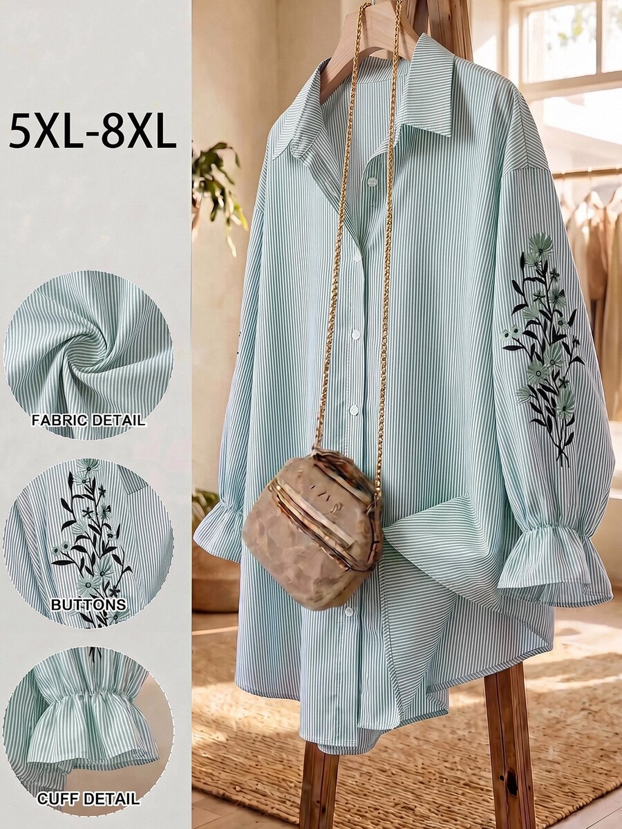 SHEIN CURVE+ 大尺碼女款休閒條紋襯衫,長袖刺繡鈕扣開襟上衣,戶外穿搭上衣 - 薄荷綠 - 查看 1