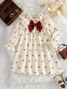 SHEIN Young Girl Young Girl Young Girl Woven Solid Color Cherry Print Ruffle Hem 3D Contrast Color Bow Dress - Apricot - View 1