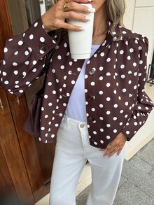 SHEIN Frenchy Jaket Wanita Lengan Panjang Berkerah Kancing Motif Polkadot Cokelat, Cocok untuk Dipakai di Musim Gugur, Mantel Musim Dingin Wanita, Atasan Motif Polkadot - Coklat - View 8