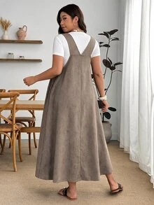 Enliva Plus Size Autumn Plaid Sleeveless High Waist Pinafore Midi Dress Apple - Brown - View 2