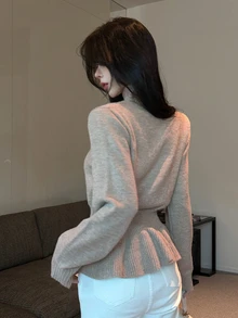 Joudiya Autumn/Winter High Neck Ruffle Hem Waist-Cinching Long Sleeve Knit Slim Fit Elegant Elegant Commute Date Women's Sweater - Camel - View 8