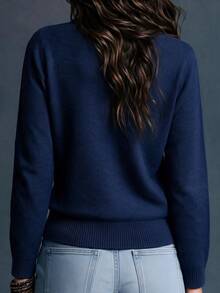 Trelyra Women's Soft Knit Top With Double-Breasted Gold Buttons, Gentle Style, Commuter - Navy Blue - View 2