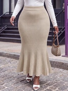 Slaydiva Autumn/Winter Elegant Commute Date Gentle Versatile Ribbed Gradient Mermaid Tail Slim Fit Plus Size Knit Skirt - Khaki - Khaki - View 4