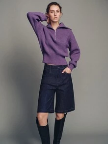 MOTF PREMIUM Autumn/Winter Urban Chic High Neck Half-Zip Dropped Shoulder Cropped Sweater - Mauve Purple - View 6
