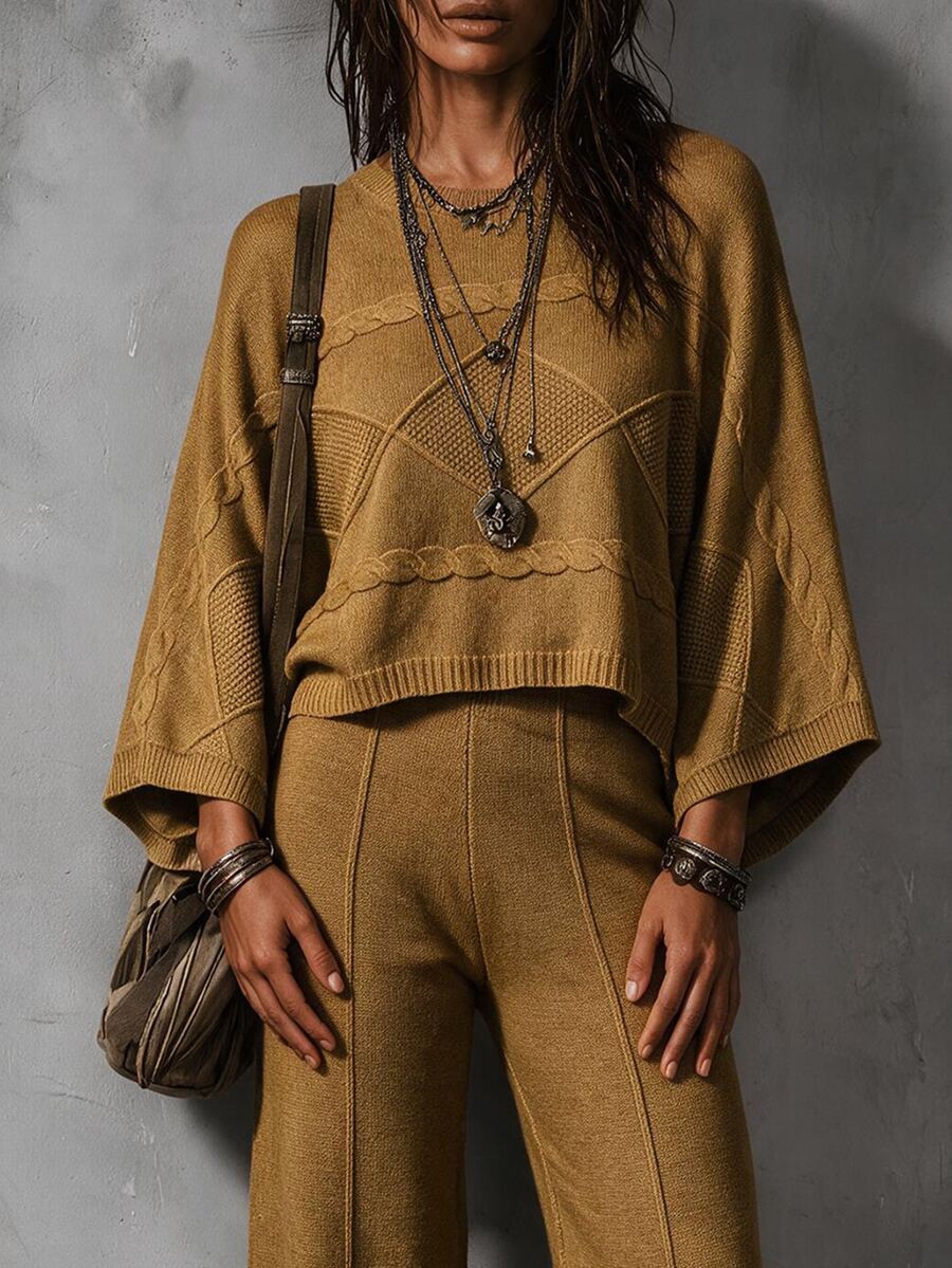 Louniche Autumn/Winter New Elegant Casual Mustard Yellow Twisted Rope Texture Shoulder Batwing Sleeve Short Top Straight Leg Long Pants Daily Commute Women's Fashion Knit Pullover Sweater Two Pieces Set - Yellow - View 1