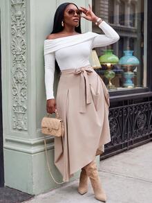 Slaydiva Plus Size Women's Skirt, Khaki Tie Waist Asymmetrical Slit Flowy Midi Skirt Fall - Khaki - View 2