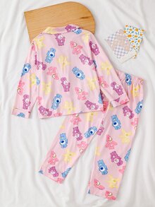 SHEIN X Care Bears GraphicGems 秋冬粉色少女聯名印花可愛卡通彩色熊圖案柔軟舒適阻燃面料領口長袖褲子2件套居家服 - 粉色 - 查看 2