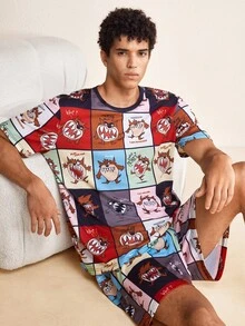 LOONEY TUNES X SHEIN Men's Cartoon Print Short-Sleeve Shirt And Shorts Loungewear Set - Multicolor - View 1