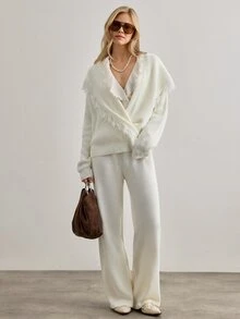 SHEIN Women Loose Fit Double Breasted Fringe Detailed White Cardigan And Sweater Pant Knit 2pcs Set - White - View 2