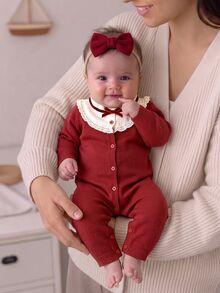 SHEIN Baby Girl Ruffled Stand Collar Casual Sweater Jumpsuit - Red - View 5