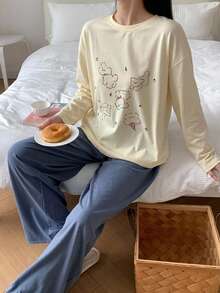 DAZY 2pcs Happy Puppy Pattern Loose Long Sleeve T-Shirt & Straight Leg Long Pants Women's Pajama Set - Yellow - View 4