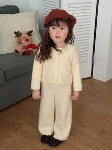 DAZY Infant (Girl) Solid Color Casual Hooded 2 Pieces Sweater Set - Apricot - View 4