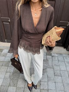Serisse Women's Solid Color Pleated Casual Daily Wear Shirt - Brown - View 5