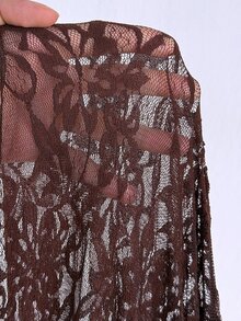 Viva Relle Romantic Lace Long Sleeve Cinched Waist A-Line Full Skirt Maxi Dress - Brown - View 8