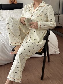 Napfluff CURVE Napfluff CURVE Set Piyama Celana Panjang Lengan Panjang dengan Motif Pita Kerut Gelembung Ukuran Besar - Aprikot - View 5