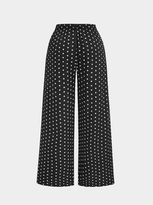 Sweetra Plus Size Women Polka Dot Pattern Asymmetrical Shoulder Top And Pants 2 Pieces Set - Black - View 7